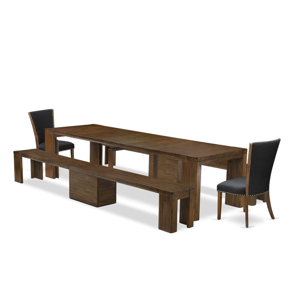 Luxe by East West Furniture X02VE-208-24 -5 Pieces Extendable Dining Set Includes a Rectangle Kitchen Table, 2 Dining Chairs and 2 Modern Benches, Antique Walnut