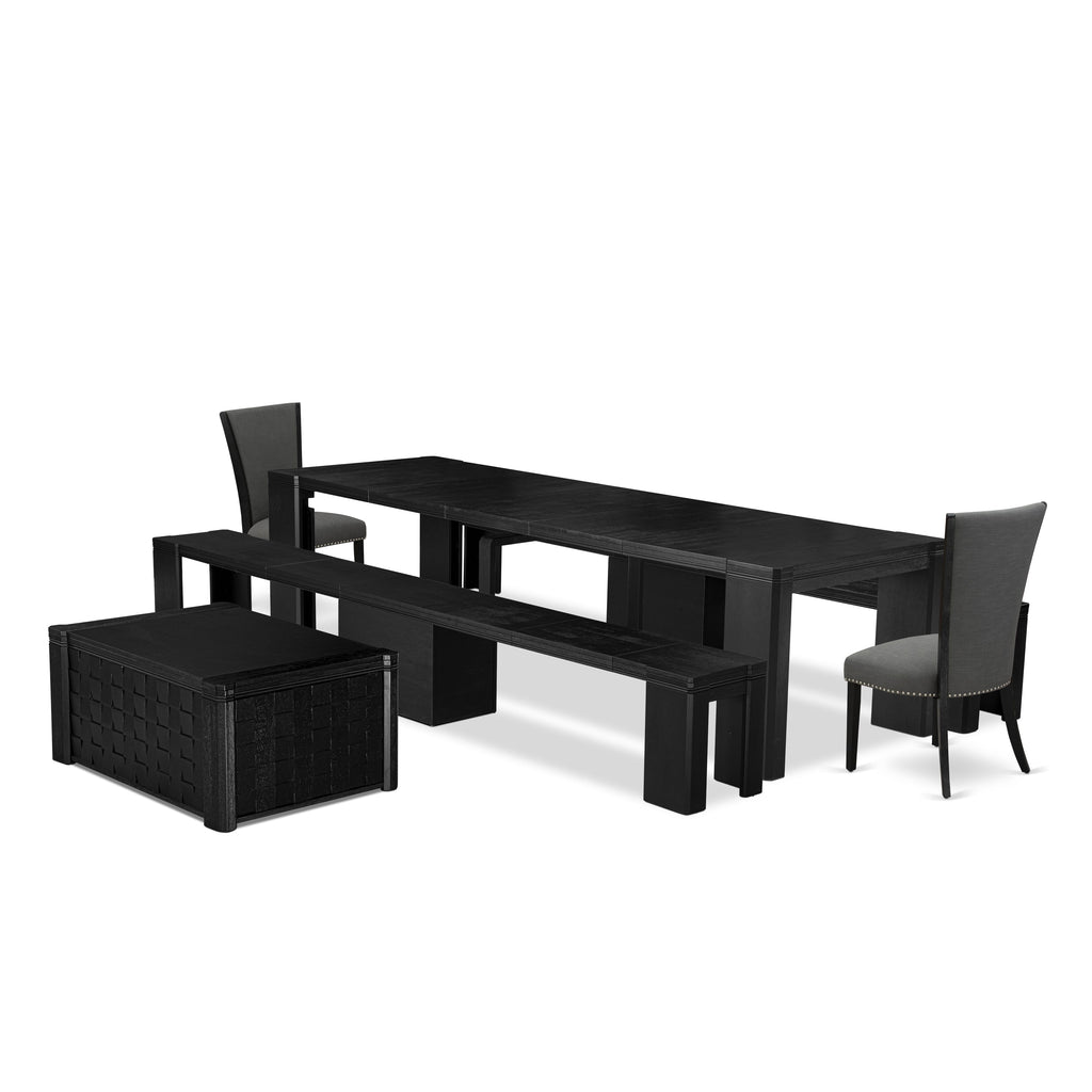 Luxe East West Furniture X02VE-2C6-50 6-piece Dining Room Table Set a Rectangular Kitchen Table with a coffee Table and 2 wooden Benches and 2 Dark Gotham Grey Linen Fabric kitchen Chair, Wire Brushed Black Finish.