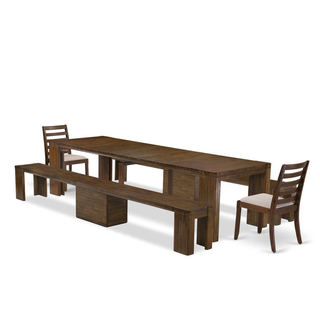 Luxe by East West Furniture X02X1-208-04- 5 Pieces Extendable Dining Set Includes a Rectangle Kitchen Table and 2 Stackable Dining Chairs and 2 Modern Benches, Antique Walnut