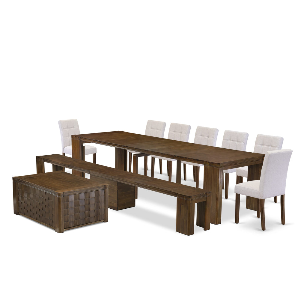 Luxe by East West Furniture X07AS-BC8-27 -10 Pieces Extendable Dining Set Includes a Rectangle Kitchen Table, 1 Coffee Table, 7 Dining Chairs and 1 Modern Bench, Antique Walnut