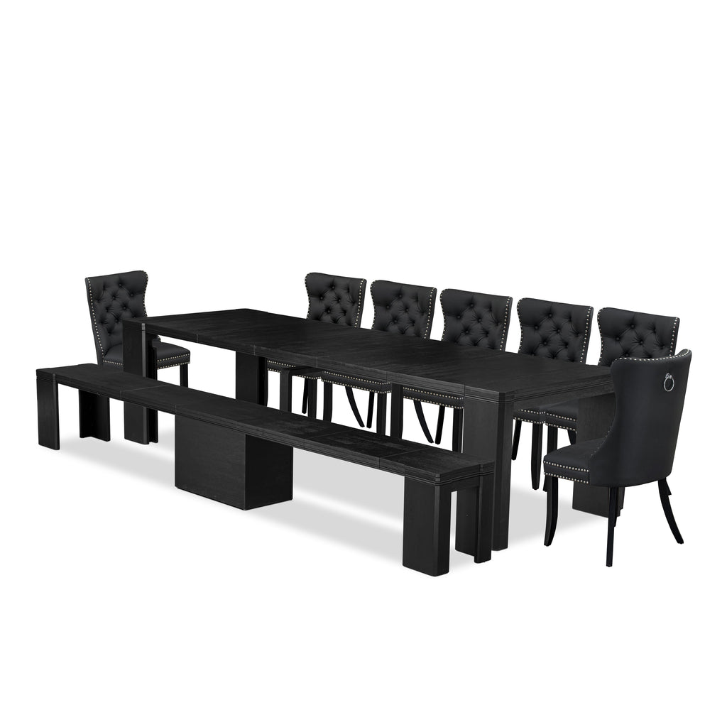 Luxe East West Furniture X07DA-B06-12 9-piece Kitchen Table Set a Rectangular Dining Table and 2 wooden Bench 7 Dark Grey Faux Leather Dining Chair, Wire Brushed Black Finish.