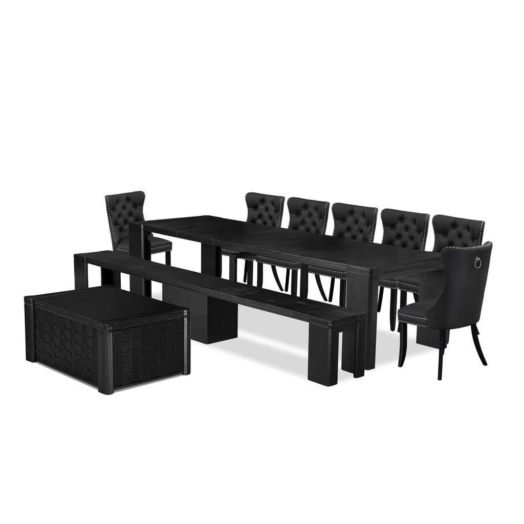 Luxe East West Furniture X07DA-BC6-12 10-piece Dining room Table Set a Rectangular Kitchen Table with a coffee Table and wooden Benches 7 Dark Grey Faux Leather Dinner Chair, Wire Brushed Black Finish.