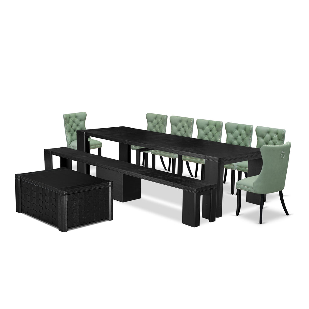 Luxe East West Furniture X07DA-BC6-22 10-piece Dining Room Table Set a Rectangular Kitchen Table with a coffee Table and a wooden Bench and 7 Willow Green Faux Leather Dining Chair, Wire Brushed Black Finish.