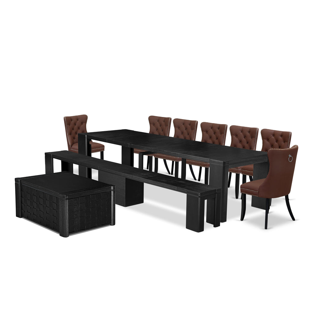 Luxe East West Furniture X07DA-BC6-26 10-piece Modern Dining Room Table Set a Rectangular Dining Room Table with a coffee Table and a wooden Bench and 7 Burgundy Faux Leather Kitchen Chair, Wire Brushed Black Finish.