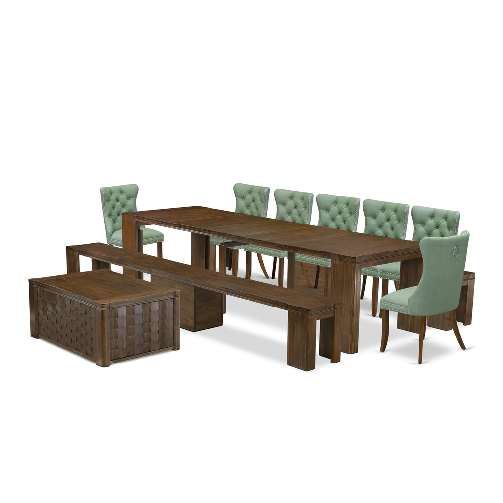 Luxe by East West Furniture X07DA-BC8-22 -10 Pieces Extendable Dining Set Includes a Rectangle Kitchen Table, 1 Coffee Table, 7 Dining Chairs and 1 Modern Bench, Antique Walnut