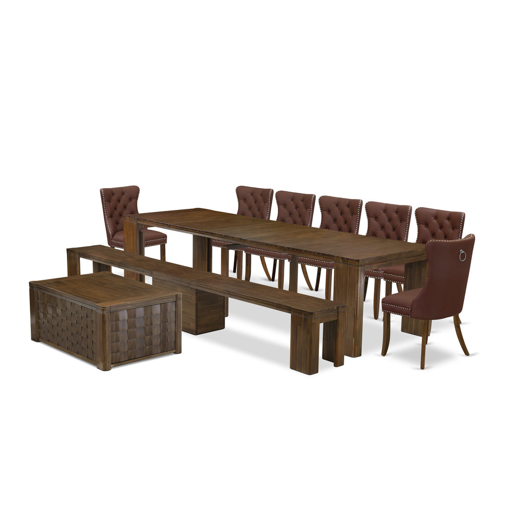 Luxe by East West Furniture X07DA-BC8-26 -10 Pieces Extendable Dining Set Includes a Rectangle Kitchen Table, 1 Coffee Table, 7 Dining Chairs and 1 Modern Bench, Antique Walnut