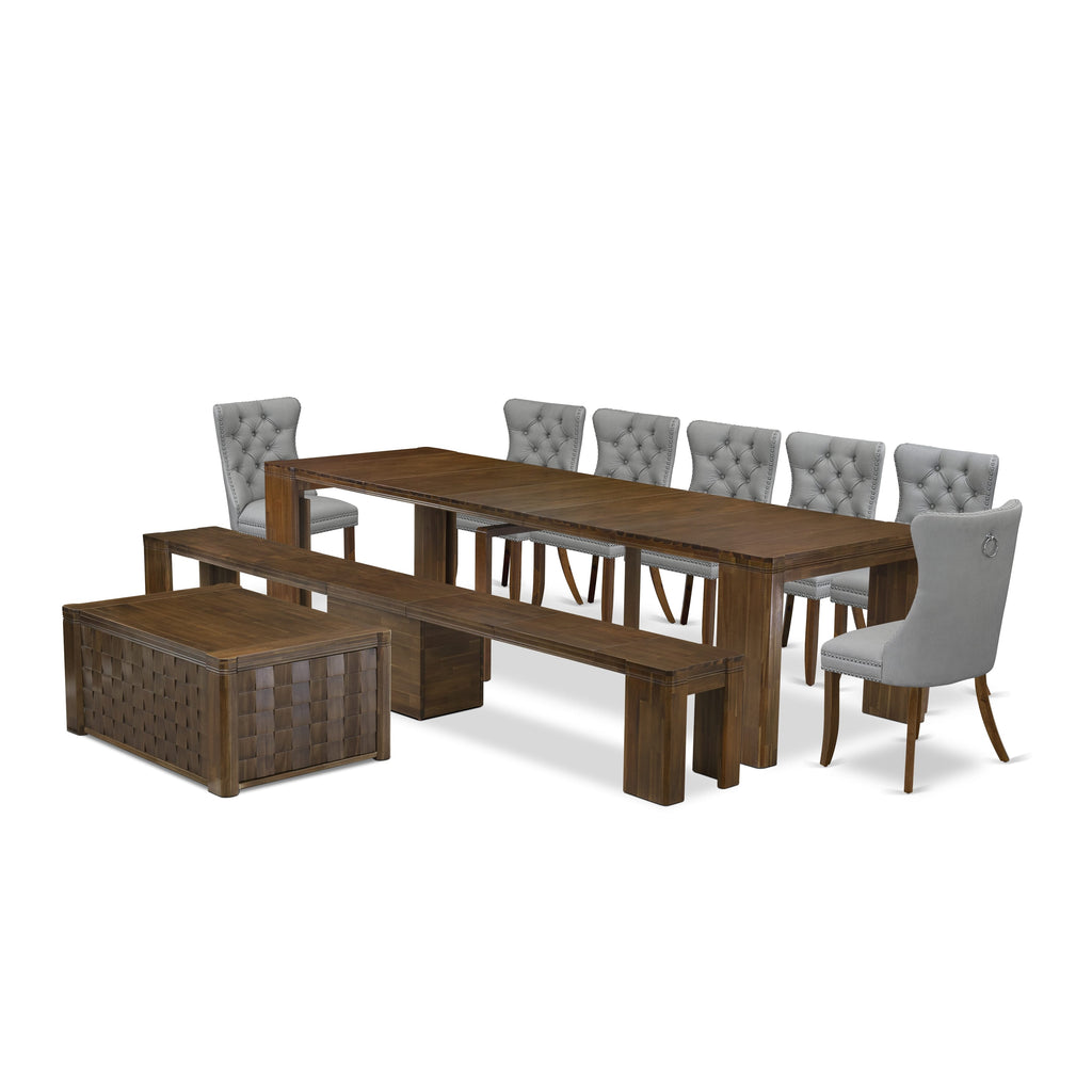 Luxe by East West Furniture X07DA-BC8-27-10 Pieces Extendable Dining Set Includes a Rectangle Kitchen Table, 1 Coffee Table, 7 Dining Chairs and 1 Modern Bench, Antique Walnut