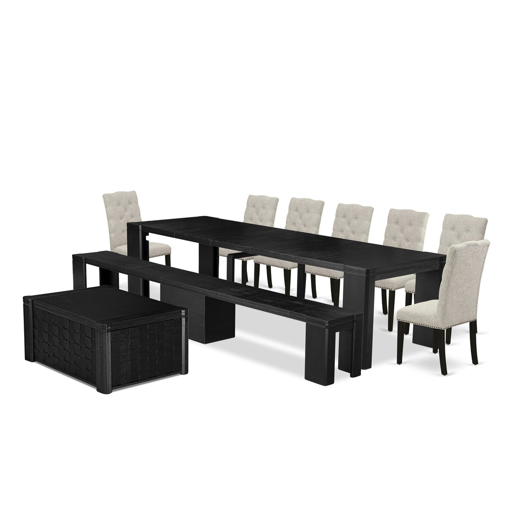 Luxe East West Furniture X07EL-BC6-35 10-piece Kitchen Table Set a Rectangular Dining Table with a coffee Table wooden Bench and 7 Doeskin Linen Fabric Dining Chair, Wire Brushed Black Finish.