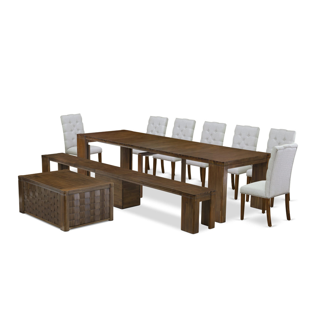 Luxe by East West Furniture X07EL-BC8-05 -10 Pieces Extendable Dining Set Includes a Rectangle Kitchen Table, 1 Coffee Table, 7 Dining Chairs and 1 Modern Bench, Antique Walnut