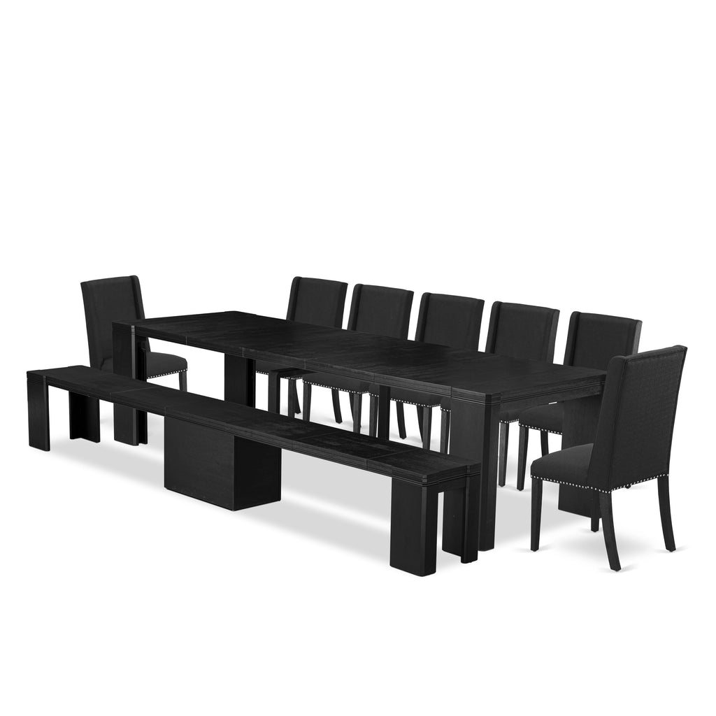 Luxe East West Furniture X07FL-B06-24 9-piece Dining Room Table Set a Rectangular Kitchen Table and a wooden Bench and 7 Black Linen Fabric Dining Chair, Wire Brushed Black Finish.