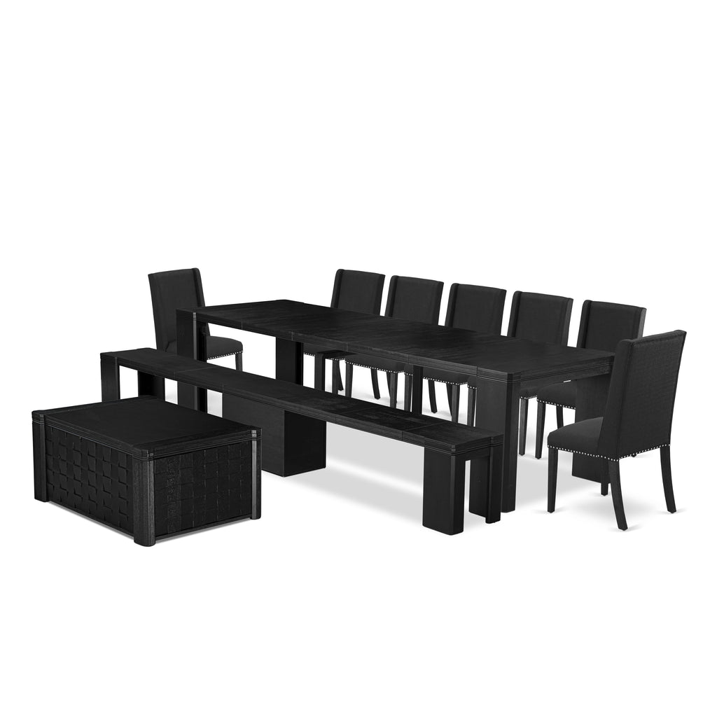 Luxe East West Furniture X07FL-BC6-24 10-piece Dining Room Table Set a Rectangular Kitchen Table with a coffee Table and a wooden Bench and 7 Black Linen Fabric Dining Chair, Wire Brushed Black Finish.