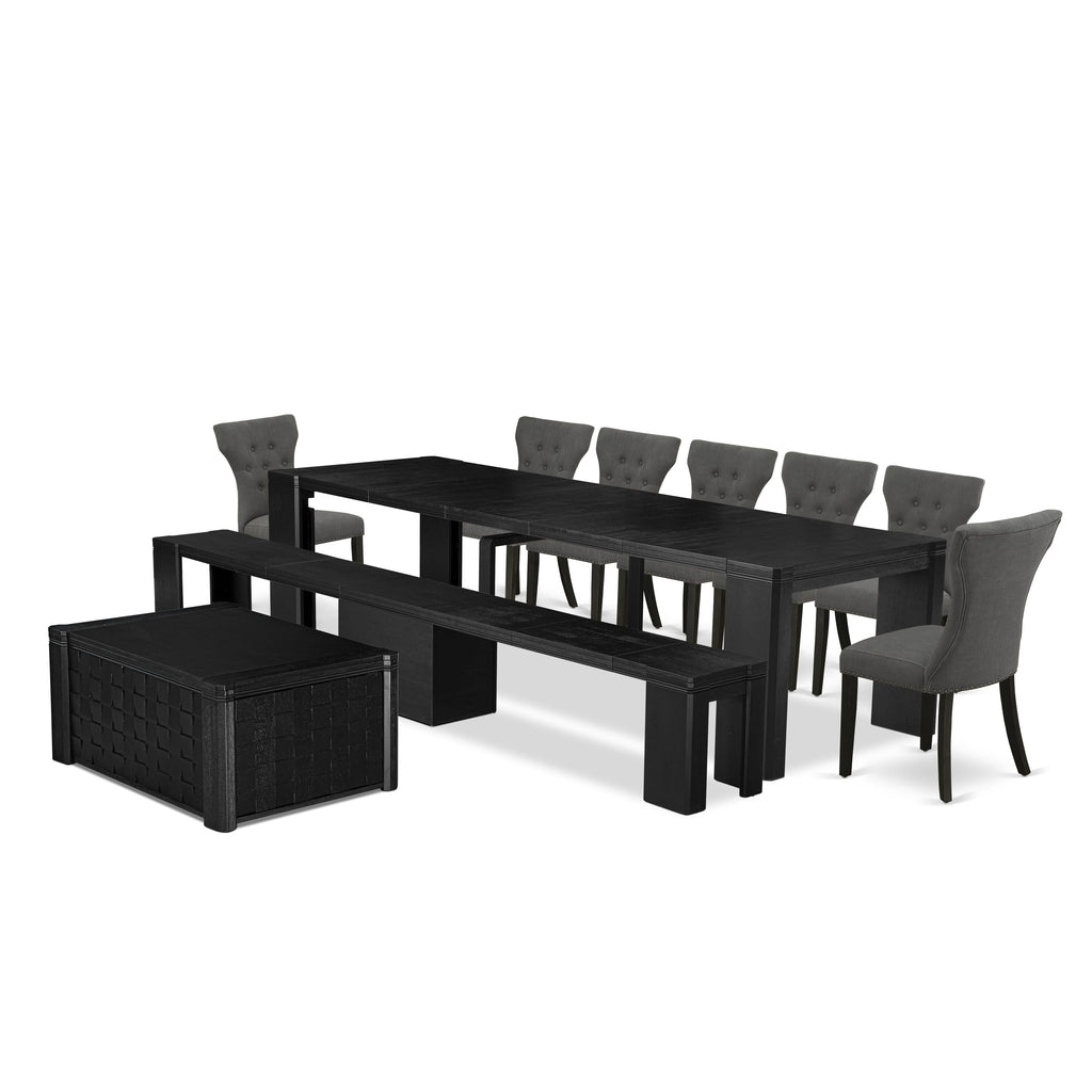 Luxe East West Furniture X07GA-BC6-50 10-piece Dining Room Table Set a Rectangular Kitchen Table with a coffee Table and a wooden Bench and 7 Dark Gotham Grey Linen Fabric Dining Chair, Wire Brushed Black Finish.