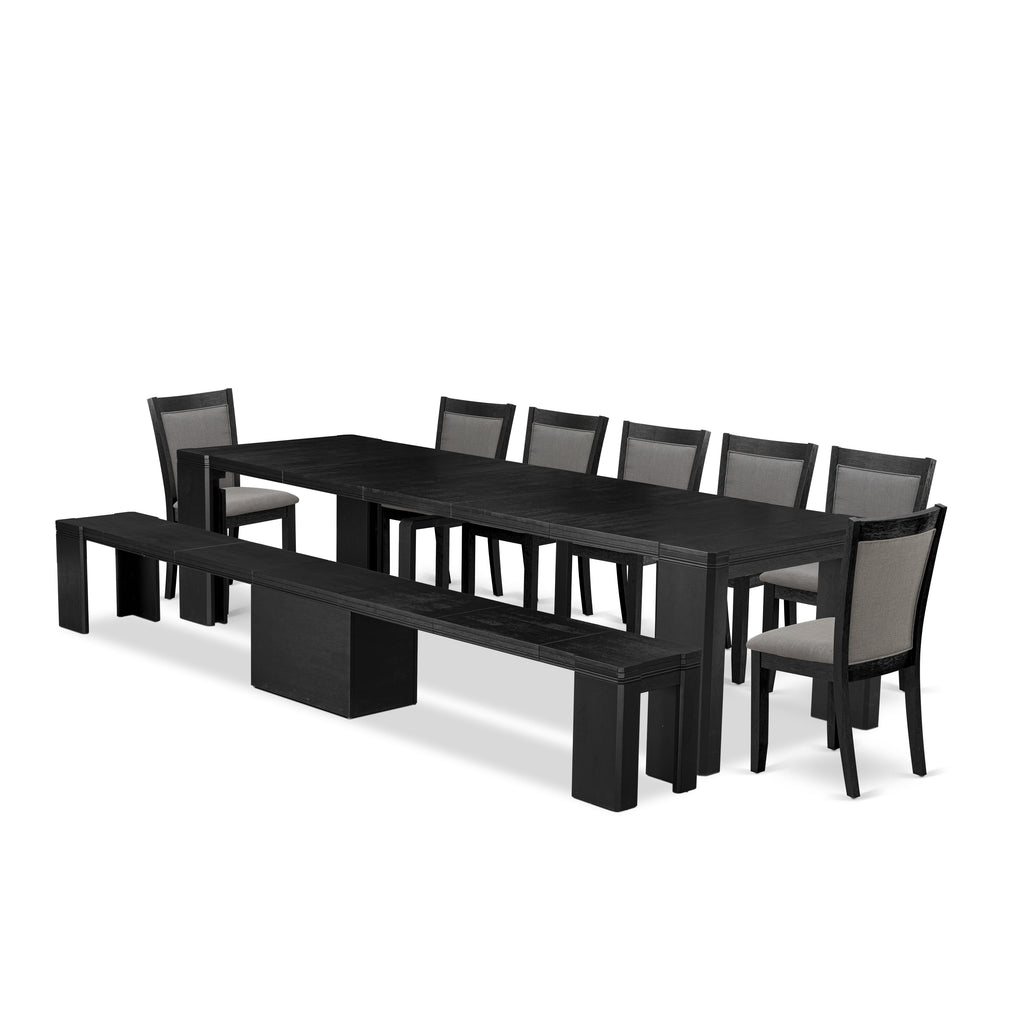 Luxe East West Furniture X07MZ-B06-50 9-piece Dining Room Table Set a Rectangular Dining Table and a wooden Bench and 7 Dark Gotham Grey Linen Fabric Kitchen Chair, Wire Brushed Black Finish.