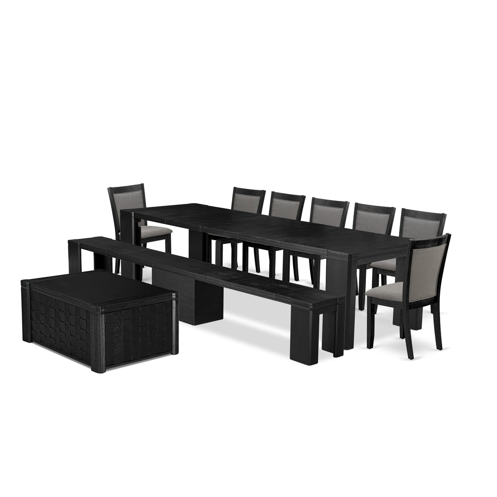 Luxe East West Furniture X07MZ-BC6-50 10-piece Dining Room Table Set a Rectangular Kitchen Table with a coffee Table and a wooden Bench and 7 Dark Gotham Grey Linen Fabric Dining Chair, Wire Brushed Black Finish.