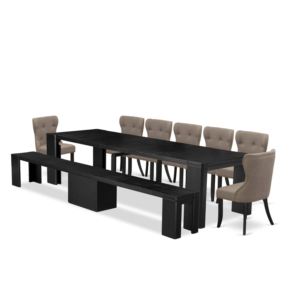 Luxe East West Furniture X07SI-B06-48 9-piece Dining Room Table Set a Rectangular Kitchen Table and a wooden Bench and 7 coffee Linen Fabric Dining Chair, Wire Brushed Black Finish.