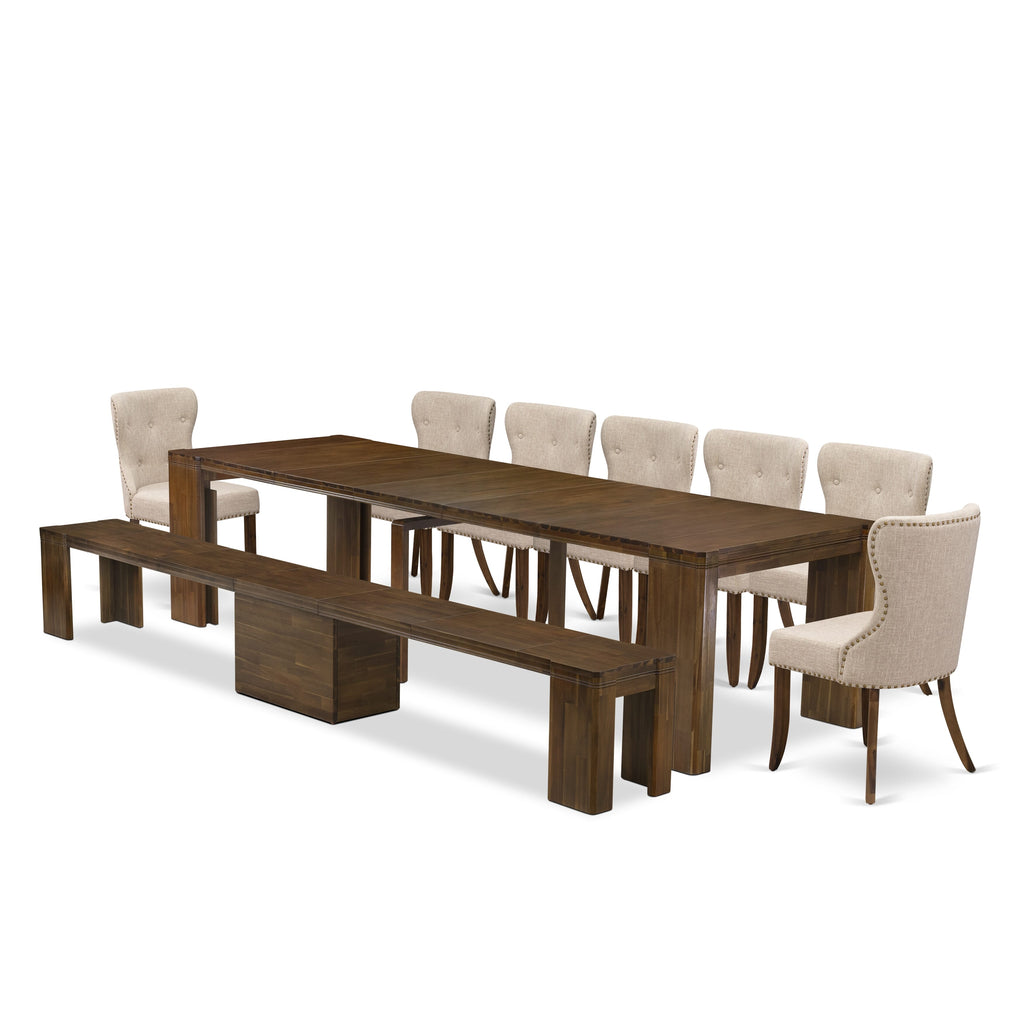 Luxe by East West Furniture X07SI-B08-04 -9 Pieces Extendable Dining Set Includes a Rectangle Kitchen Table, 7 Dining Chairs and 1 Modern Bench, Antique Walnut