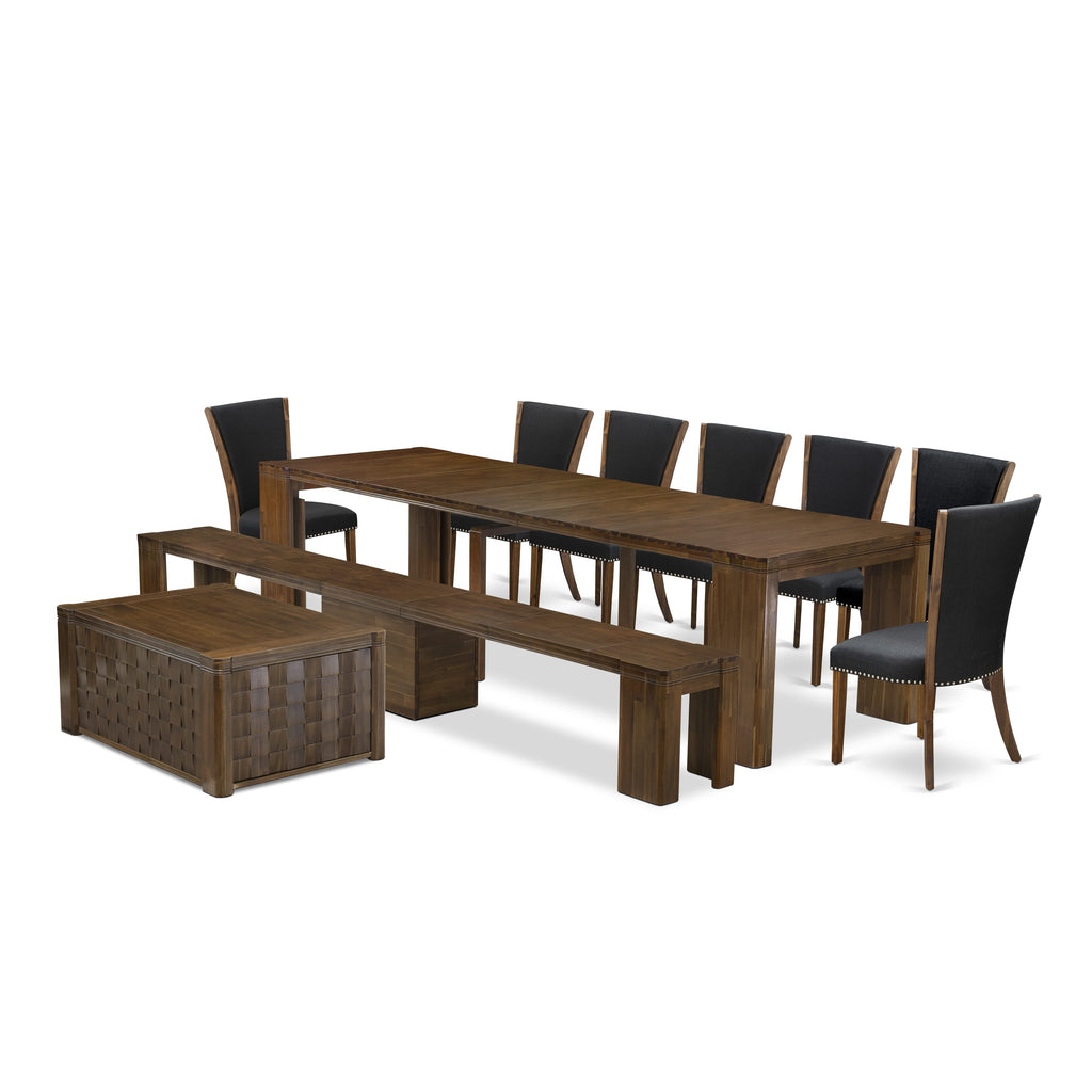 Luxe by East West Furniture X07VE-BC8-24 -10 Pieces Extendable Dining Set Includes a Rectangle Kitchen Table, 1 Coffee Table, 7 Dining Chairs and 1 Modern Bench, Antique Walnut