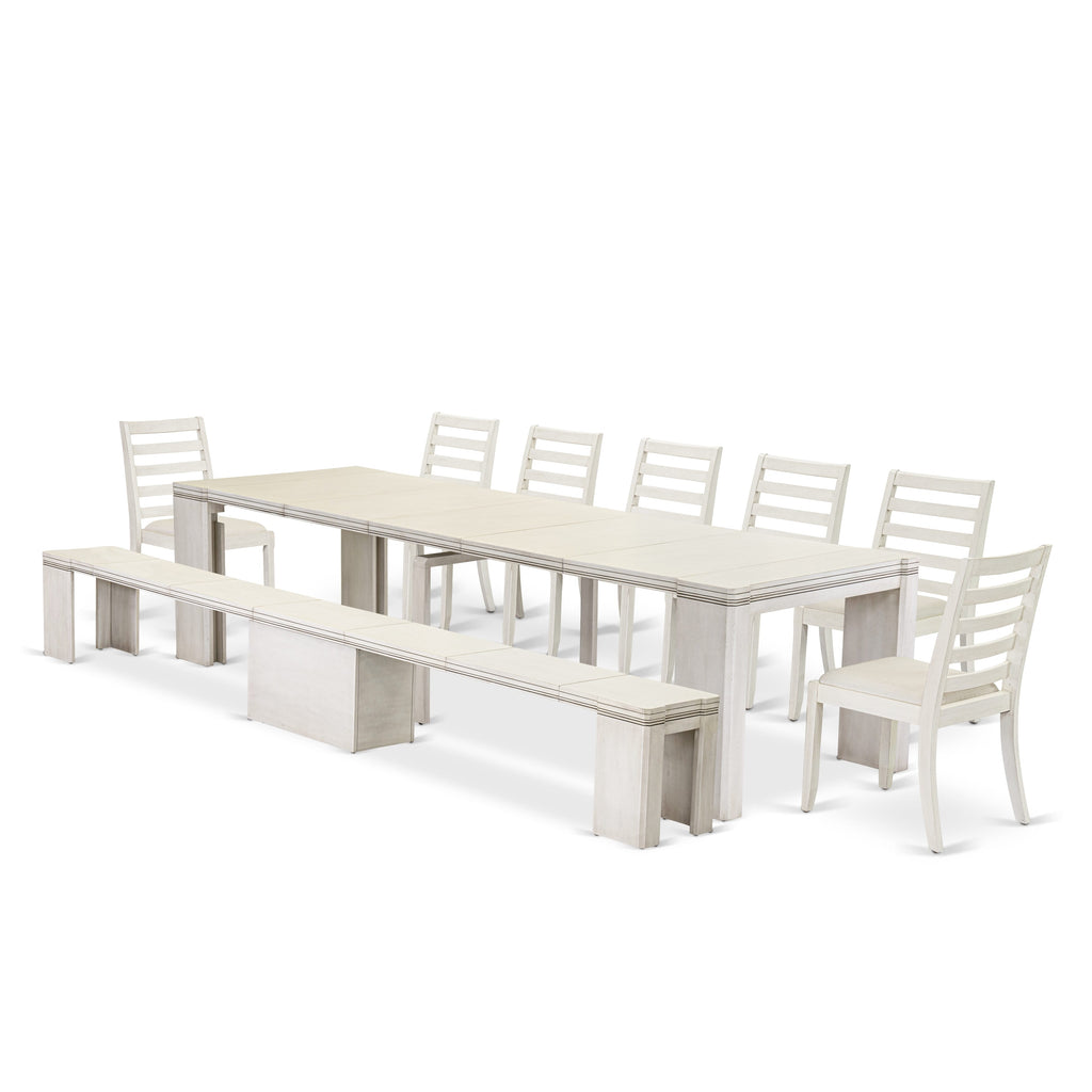 Luxe by East West Furniture X07X1-B0W-01 9 Pieces Extendable Dining Set Includes a Rectangle Kitchen Table and 7 Stackable Dining Chairs and 1 Modern Bench, Antique White