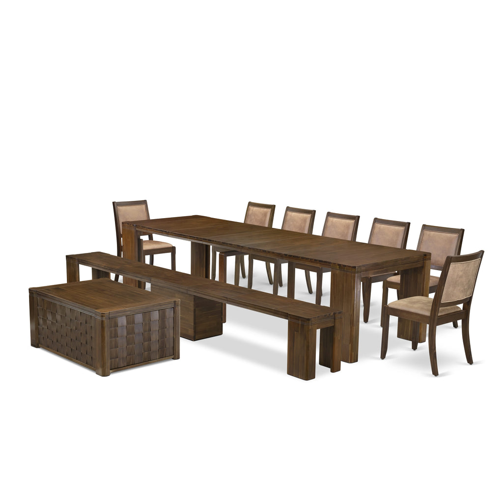 Luxe by East West Furniture X07X2-BC8-28 -10 Pieces Extendable Dining Set Includes a Rectangle Kitchen Table, 1 Coffee Table, 7 Stackable Dining Chairs and 1 Modern Bench, Antique Walnut