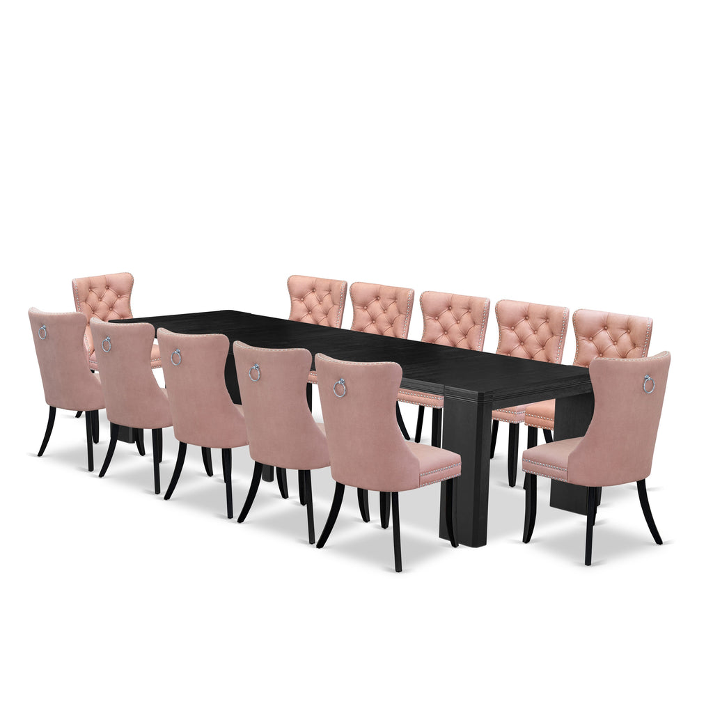 Luxe East West Furniture X12DA-006-23 13-piece Modern Dining Room Table Set a Rectangular Kitchen Table and 12 Beige Red Faux Leather Dining Chair, Wire Brushed Black Finish.