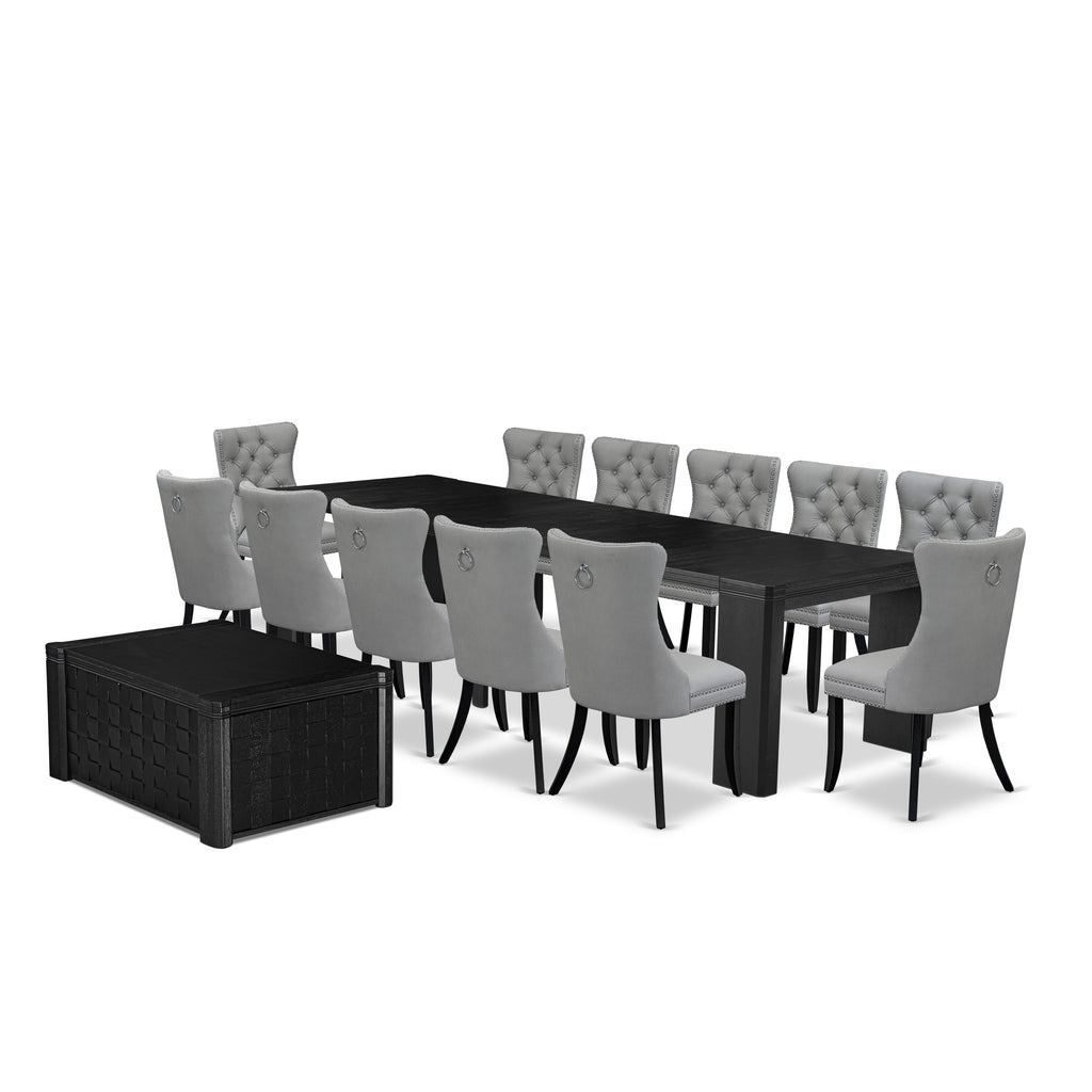 Luxe East West Furniture X12DA-0C6-27 14-piece dinner table set a rectangular modern kitchen table, a coffee table and 12 Light Gray Faux Leather upholstered chair, Wire Brushed Black Finish.