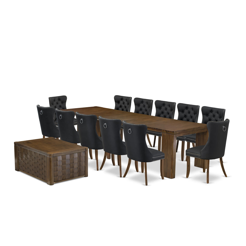 Luxe by East West Furniture X12DA-0C8-12-14 Pieces Extendable Dining Set Includes a Rectangle Kitchen Table, 1 Coffee Table and 12 Dining Chairs, Antique Walnut