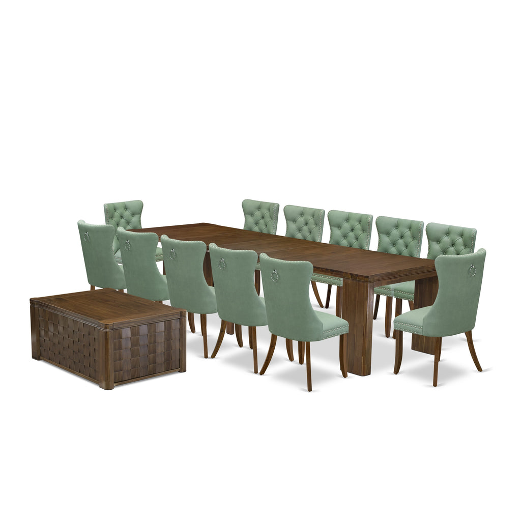 Luxe by East West Furniture X12DA-0C8-22-14 Pieces Extendable Dining Set Includes a Rectangle Kitchen Table, 1 Coffee Table and 12 Dining Chairs, Antique Walnut