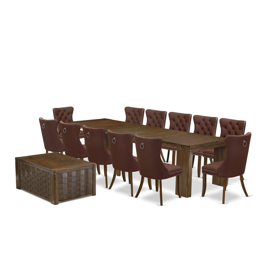 Luxe by East West Furniture X12DA-0C8-26-14 Pieces Extendable Dining Set Includes a Rectangle Kitchen Table, 1 Coffee Table and 12 Dining Chairs, Antique Walnut