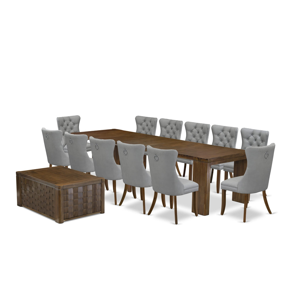 Luxe by East West Furniture X12DA-0C8-27-14 Pieces Extendable Dining Set Includes a Rectangle Kitchen Table, 1 Coffee Table and 12 Dining Chairs, Antique Walnut