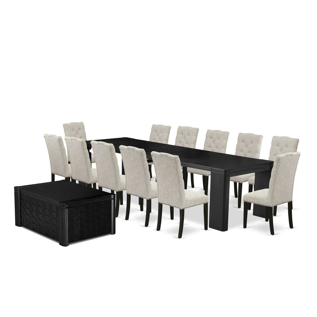 Luxe East West Furniture X12EL-0C6-35 14-piece Dining Room Table Set a Rectangular Dining Table with a coffee Table and 12 Doeskin Linen Fabric Kitchen Chair, Wire Brushed Black Finish.