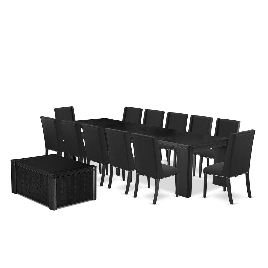 Luxe East West Furniture X12FL-0C6-24 14-piece Dining Room Table Set a Rectangular Kitchen Table with a coffee Table and 12 Black Linen Fabric Dining Chair, Wire Brushed Black Finish.