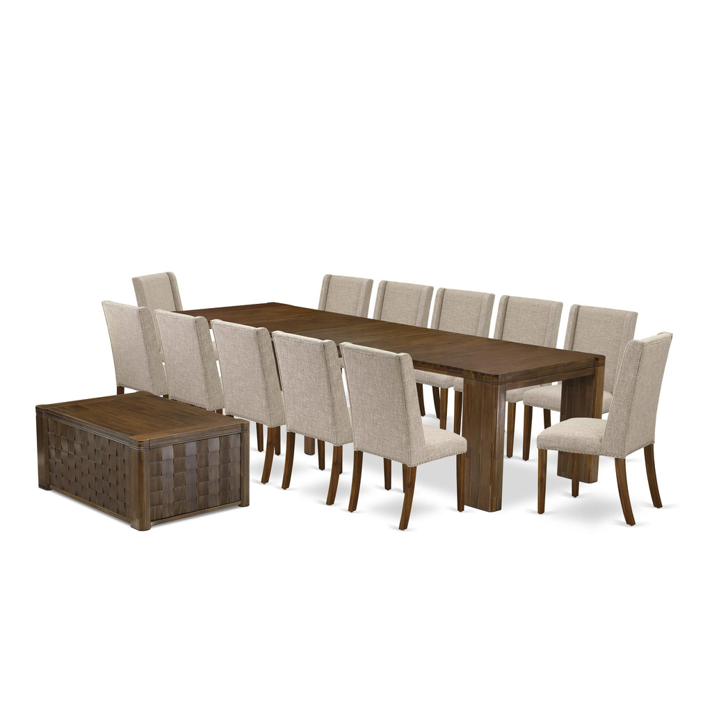 Luxe by East West Furniture X12FL-0C8-04-14 Pieces Extendable Dining Set Includes a Rectangle Kitchen Table, 1 Coffee Table and 12 Dining Chairs, Antique Walnut