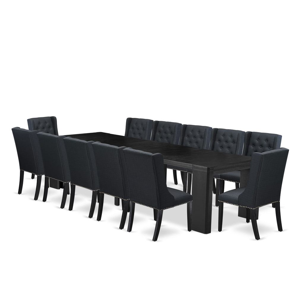 Luxe East West Furniture X12FO-006-24 13-piece Dining Room Table Set a Rectangular Kitchen Table and 12 Black Linen Fabric Dining Chair, Wire Brushed Black Finish.