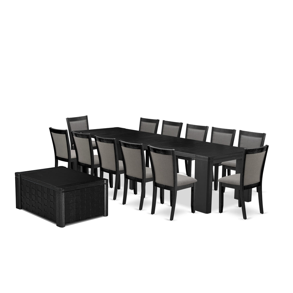 Luxe East West Furniture X12MZ-0C6-50 14-piece Dining Room Table Set a Rectangular Kitchen Table with a coffee table and 12 Dark Gotham Grey Linen Fabric Dining Chair, Wire Brushed Black Finish.