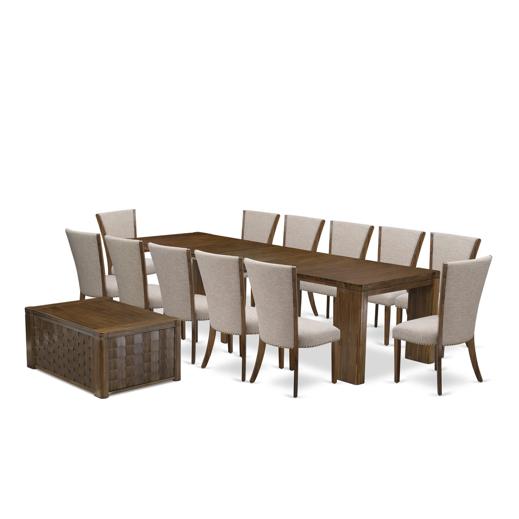 Luxe by East West Furniture X12VE-0C8-05-14 Pieces Extendable Dining Set Includes a Rectangle Kitchen Table, 1 Coffee Table and 12 Dining Chairs, Antique Walnut