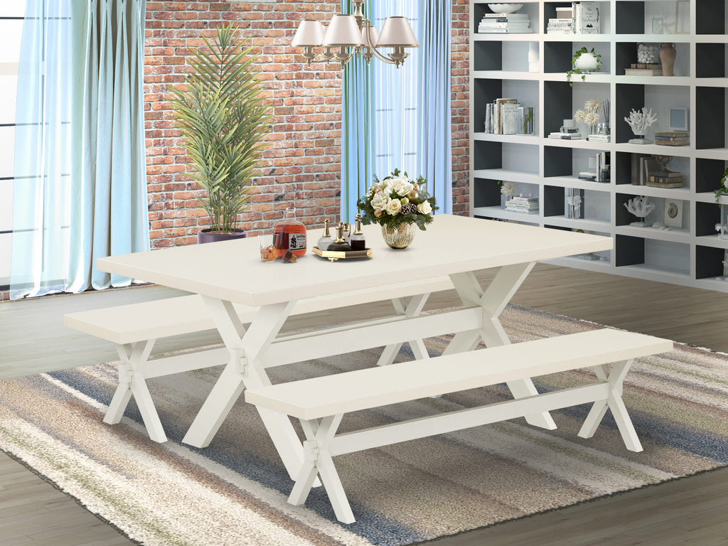 East West Furniture X2-027 3 Piece Dining Set Contains a Rectangle Dining Room Table with X-Legs and 2 Kitchen Table Bench