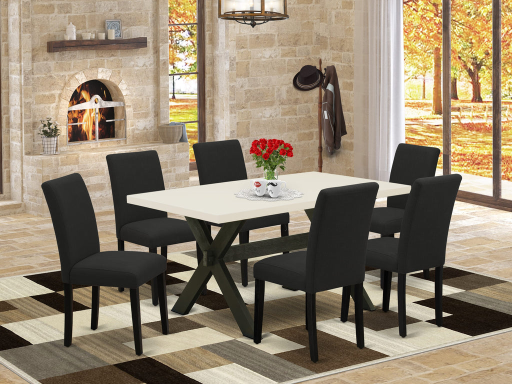 East West Furniture X626AB624-7 7 Piece Dining Set Consist of a Rectangle Dining Room Table with X-Legs and 6 Black Color Linen Fabric Upholstered Parson Chairs