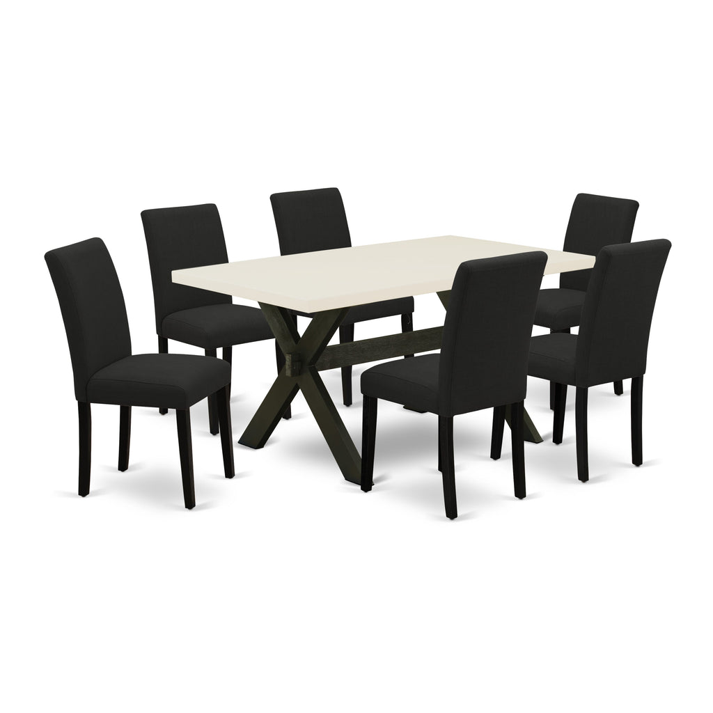 East West Furniture X626AB624-7 7 Piece Dining Set Consist of a Rectangle Dining Room Table with X-Legs and 6 Black Color Linen Fabric Upholstered Parson Chairs