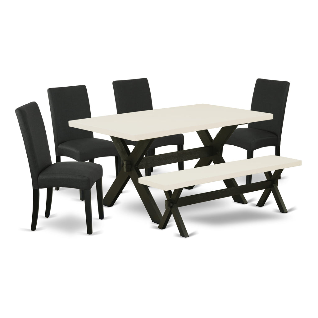 East West Furniture X626DR124-6 6 Piece Dining Table Set Contains a Rectangle Kitchen Table with X-Legs and 4 Black Color Linen Fabric Parson Chairs with a Bench