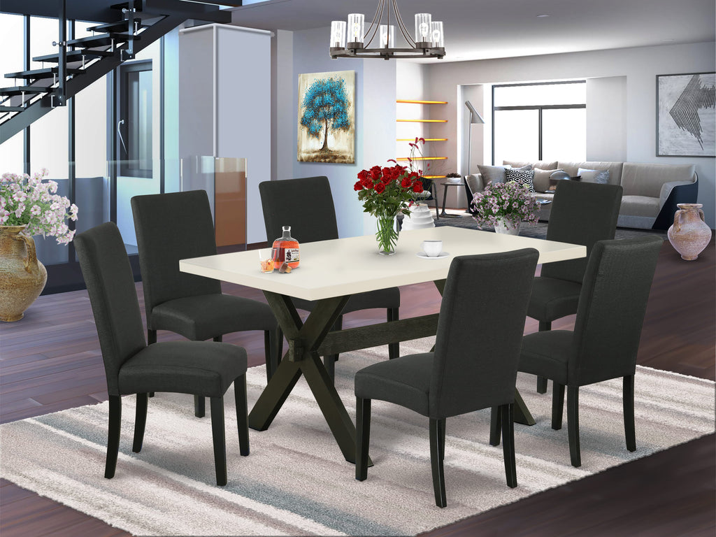 East West Furniture X626DR124-7 7 Piece Kitchen Table Set Consist of a Rectangle Dining Table with X-Legs and 6 Black Color Linen Fabric Parson Dining Chairs