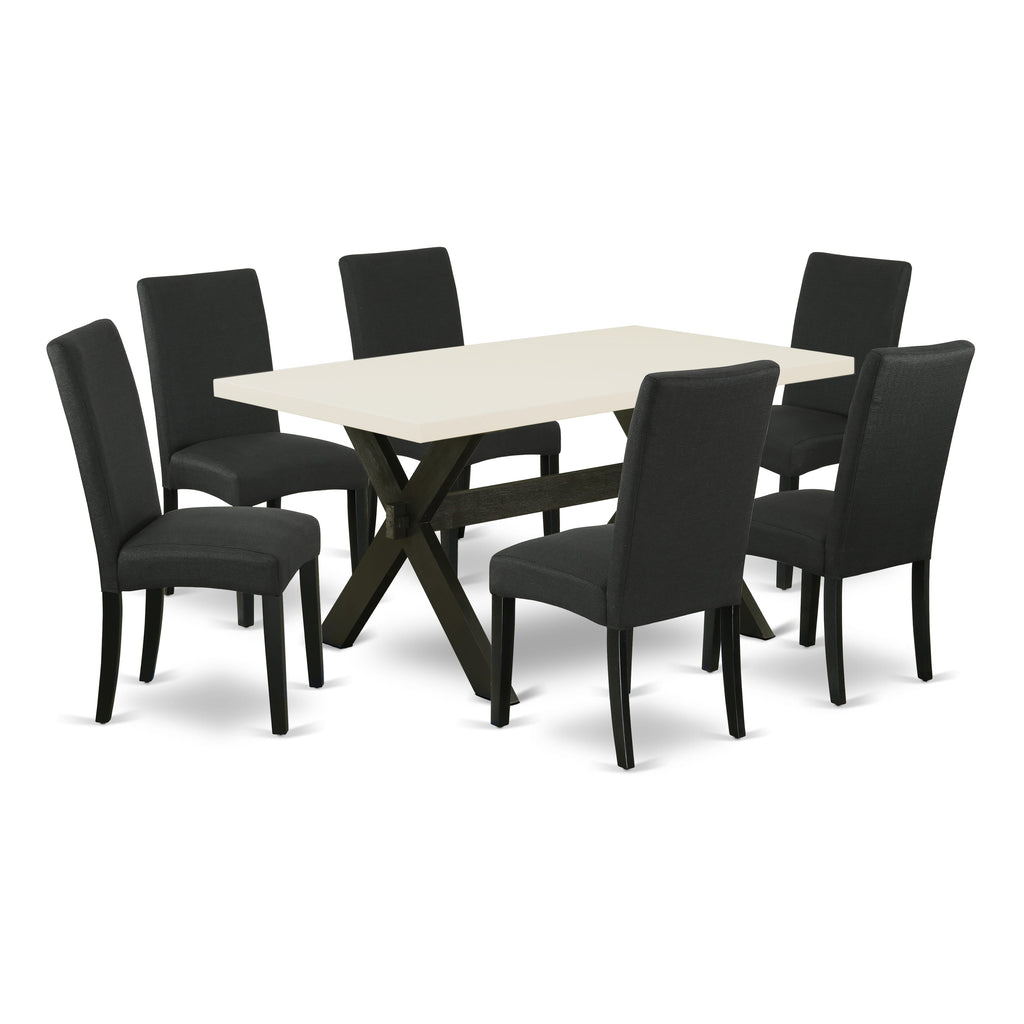 East West Furniture X626DR124-7 7 Piece Kitchen Table Set Consist of a Rectangle Dining Table with X-Legs and 6 Black Color Linen Fabric Parson Dining Chairs