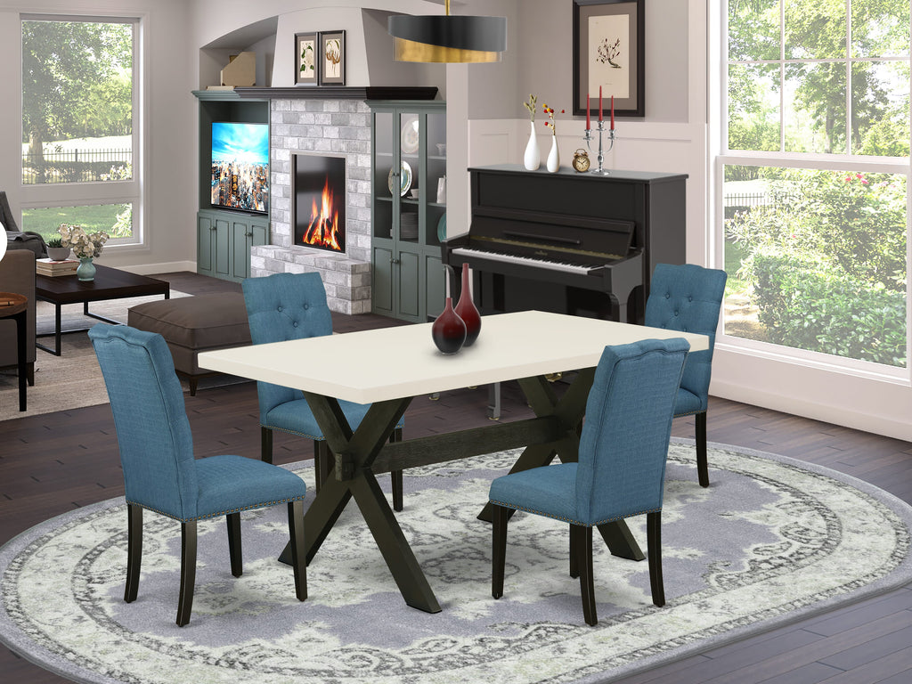 East West Furniture X626EL121-5 5 Piece Kitchen Table Set for 4 Includes a Rectangle Dining Room Table with X-Legs and 4 Blue Linen Fabric Upholstered Chairs