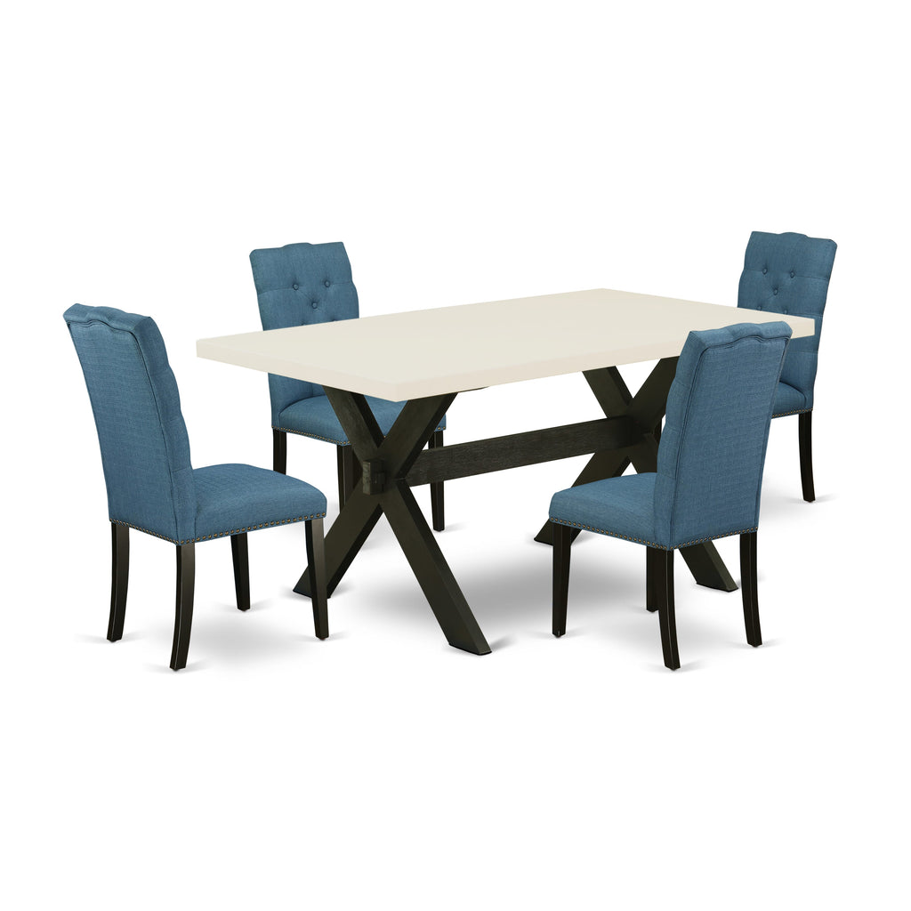 East West Furniture X626EL121-5 5 Piece Kitchen Table Set for 4 Includes a Rectangle Dining Room Table with X-Legs and 4 Blue Linen Fabric Upholstered Chairs