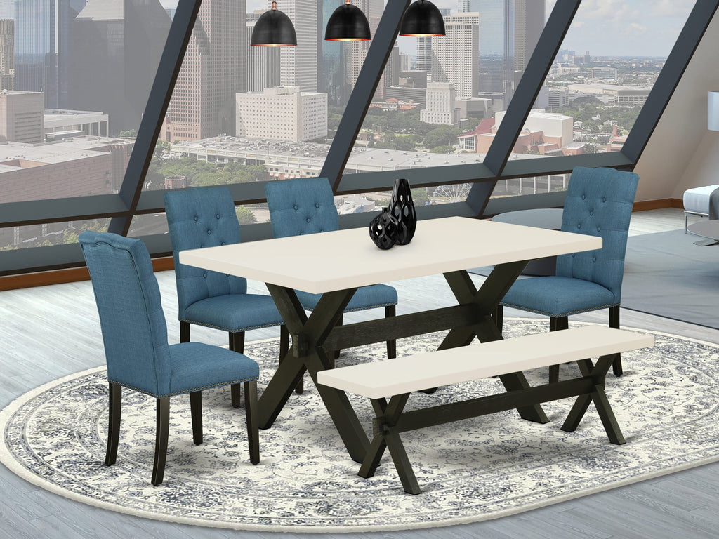 East West Furniture X626EL121-6 6 Piece Dining Room Set Contains a Rectangle Dining Table with X-Legs and 4 Blue Linen Fabric Parson Chairs with a Bench