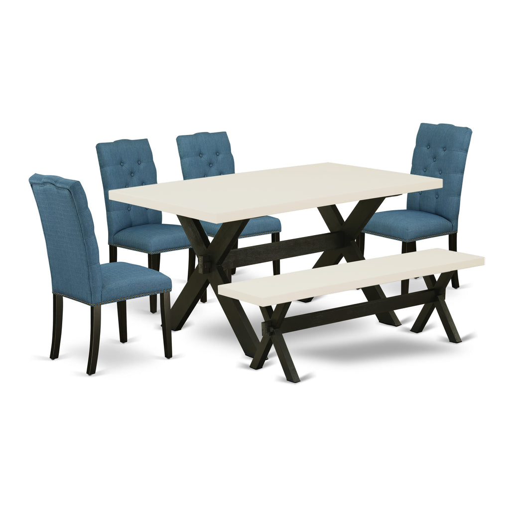 East West Furniture X626EL121-6 6 Piece Dining Room Set Contains a Rectangle Dining Table with X-Legs and 4 Blue Linen Fabric Parson Chairs with a Bench