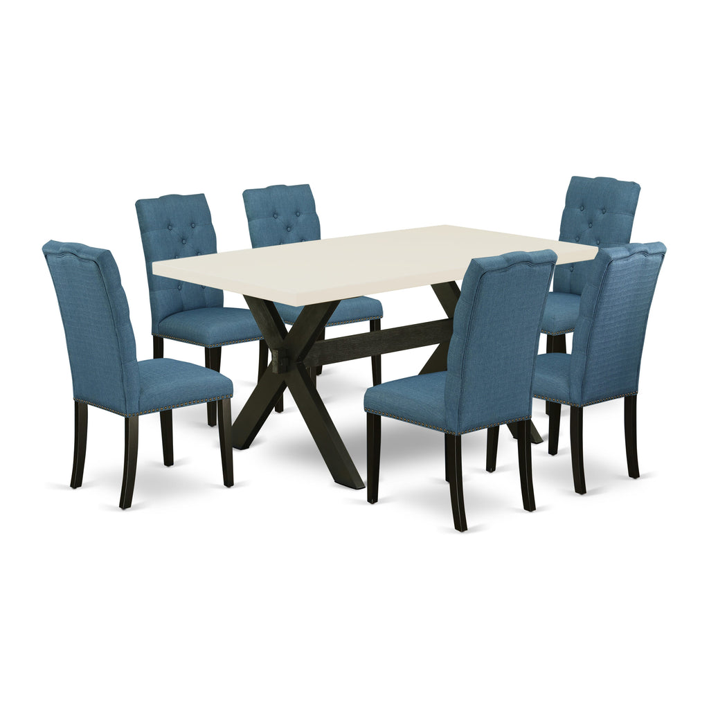 East West Furniture X626EL121-7 7 Piece Dining Room Table Set Consist of a Rectangle Kitchen Table with X-Legs and 6 Blue Linen Fabric Parson Dining Chairs