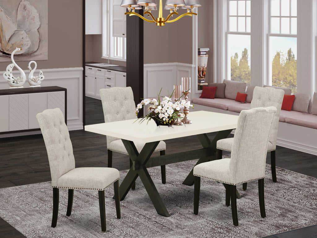 East West Furniture X626EL635-5 5 Piece Dining Room Furniture Set Includes a Rectangle Dining Table with X-Legs and 4 Doeskin Linen Fabric Upholstered Chairs