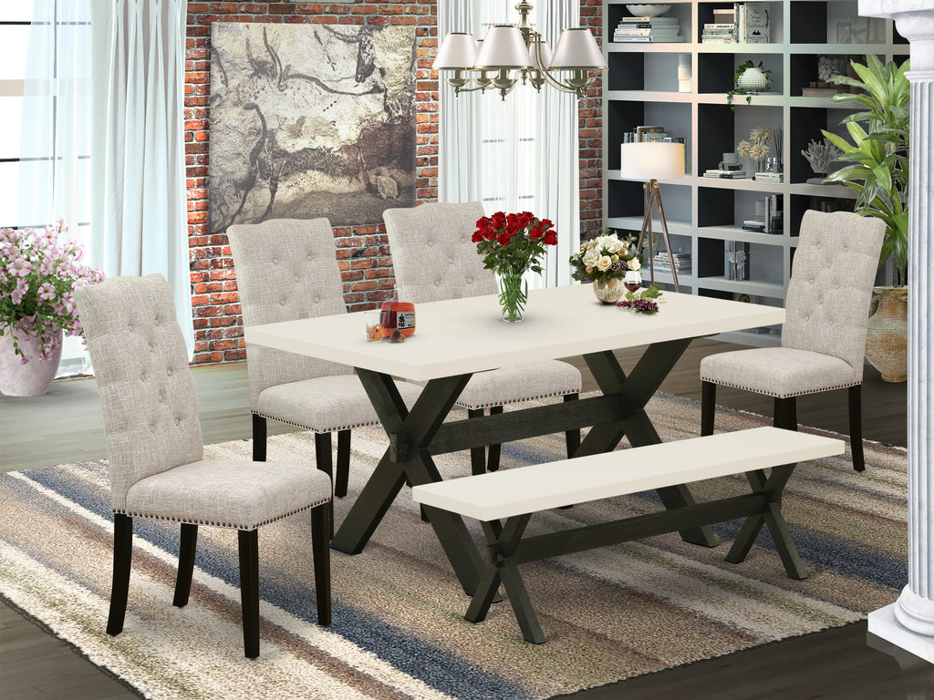 East West Furniture X626EL635-6 6 Piece Modern Dining Table Set Contains a Rectangle Wooden Table and 4 Doeskin Linen Fabric Upholstered Chairs with a Bench