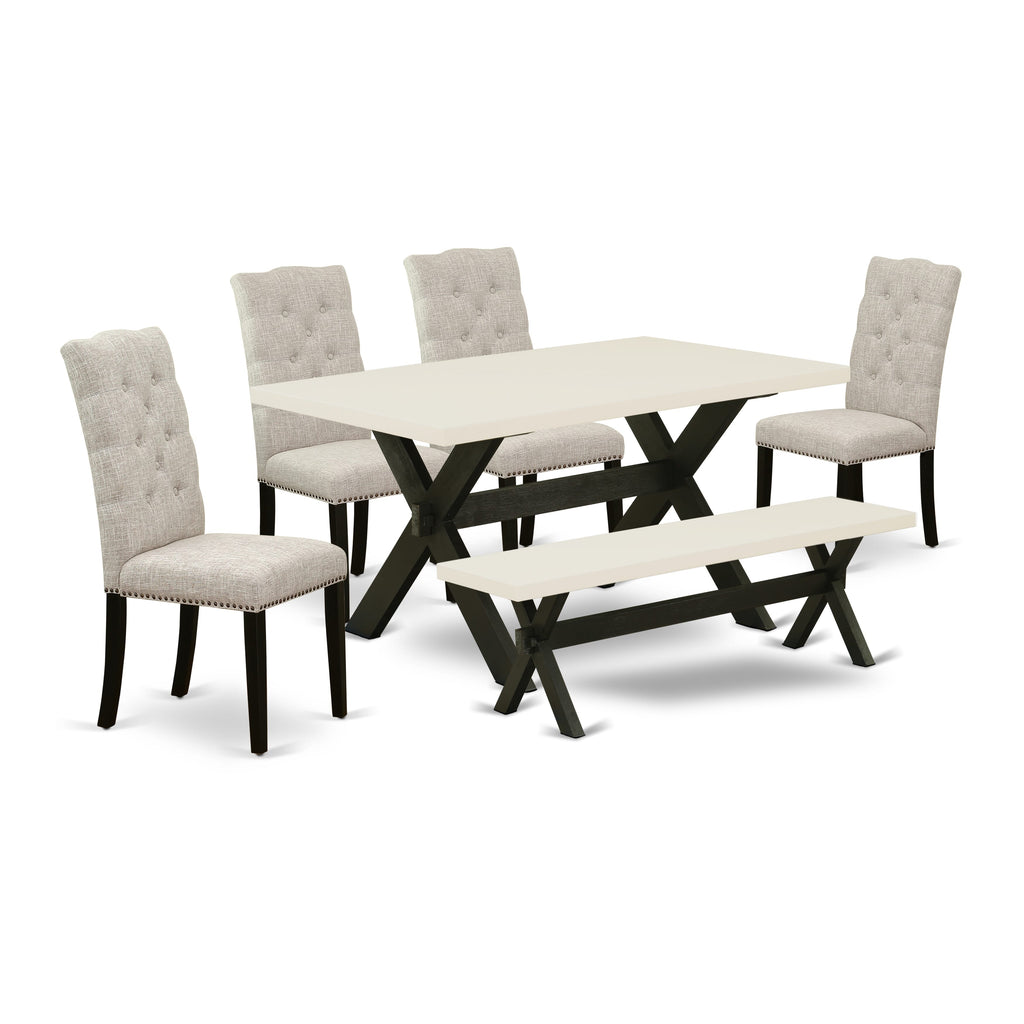 East West Furniture X626EL635-6 6 Piece Modern Dining Table Set Contains a Rectangle Wooden Table and 4 Doeskin Linen Fabric Upholstered Chairs with a Bench