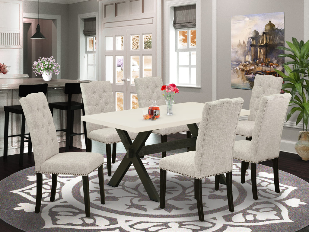 East West Furniture X626EL635-7 7 Piece Dinette Set Consist of a Rectangle Dining Room Table with X-Legs and 6 Doeskin Linen Fabric Parsons Dining Chairs